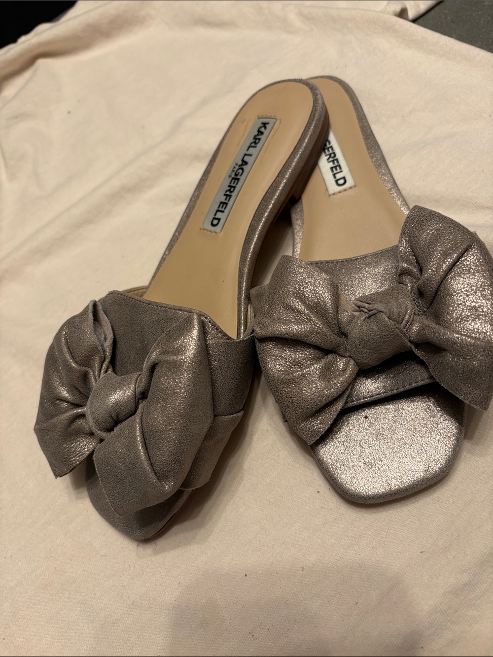 Karl Lagerfeld Rosie Pewter Bow Slide Mules